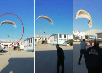 İşe geç kalınca paraşüt kullandı; o anlar kamerada